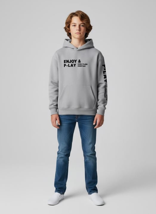 3264365 Enjoy Yazılı Kapşonlu İki İplik Erkek Çocuk Sweat-GRİ