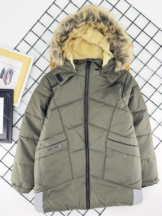3327-1 Cool Pink Yazılı İçi Polarlı Erkek Çocuk Şime Mont-HAKİ YEŞİLİ