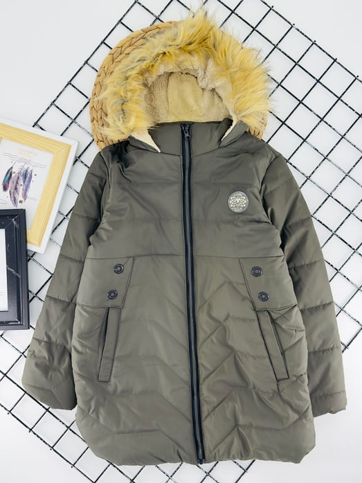 3327-4 Cool Yaprak Armalı İçi Polarlı Erkek Çocuk Şime Mont-HAKİ YEŞİLİ