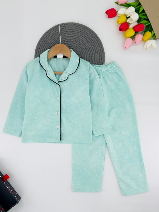 3333-1 Düz Renk Yakalı Düğmeli Kız Çocuk Penye Pijama Takım-YEŞİL