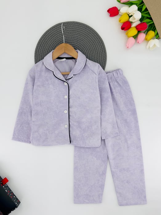 3333-1 Düz Renk Yakalı Düğmeli Kız Çocuk Penye Pijama Takım-LİLA