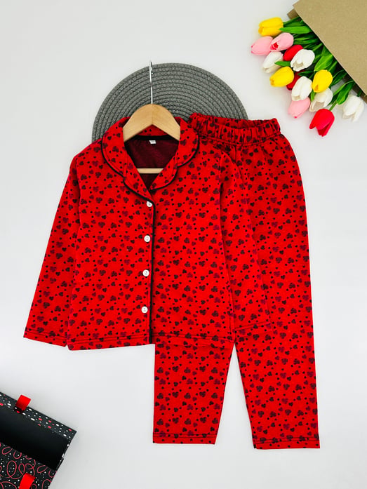 3333-5 Küçük Kalp Baskılı Yakalı Düğmeli Kız Çocuk Penye Pijama Takım-KIRMIZI