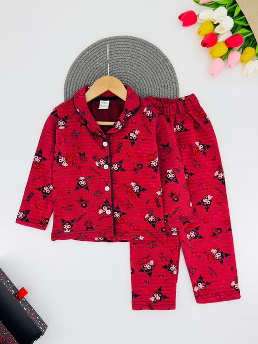 3333 Çizgili Krm Baskılı Yakalı Düğmeli Kız Çocuk Penye Pijama Takım-KIRMIZI