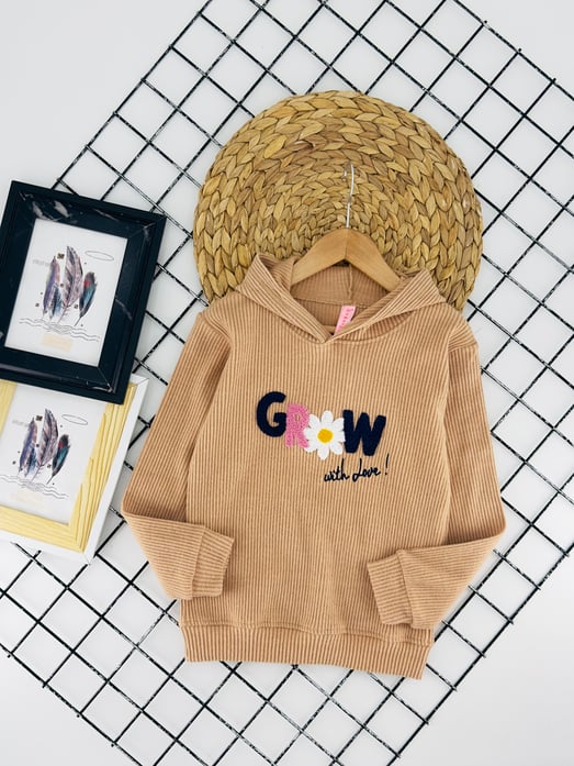 3748 Grow Çiçek Nakışlı Kız Çocuk Fitilli Sweat-TABA