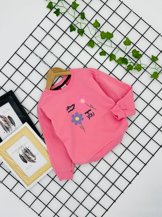 3766 You Çiçek Nakışlı Kız Çocuk Sweat-PEMBE
