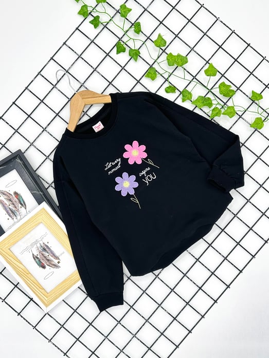 3766 You Çiçek Nakışlı Kız Çocuk Sweat-SİYAH