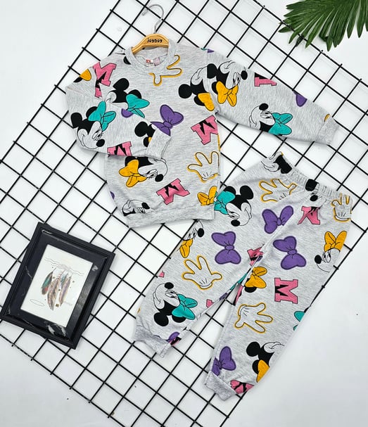 3811 Büyük M Baskılı Kız Pijama Takımı (3-7 Yaş)-GRİ