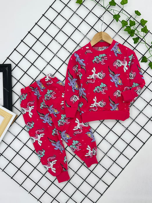 3818 Pony Baskılı Kız Pijama Takımı-FUŞYA