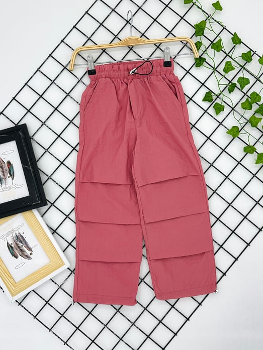 3832 Paraşüt Kumaş Bel-Paça Lastikli Önü Pileli Kız Çocuk Pantolon-PEMBE