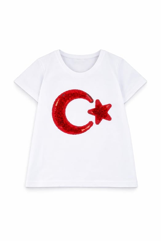 3838-1 Ay Yıldız Nakışlı Kız Çocuk Tişört-KIRMIZI