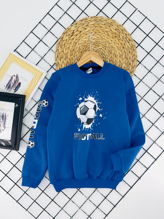 3870 Footbol Baskılı Ön Baskılı Üç İplik Erkek Çocuk Sweat-MAVİ