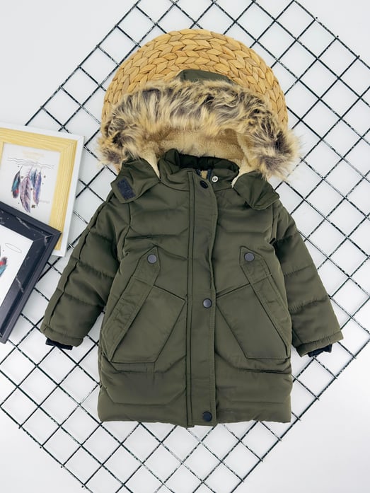4000-2 Düğmeli Cepli İçi Polarlı Unisex Çocuk Şişme Mont-HAKİ YEŞİLİ