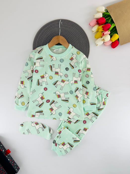 4010 Uncrn Baskılı Kız Çocuk Bandanalı Pijama Takımı-SU YEŞİLİ