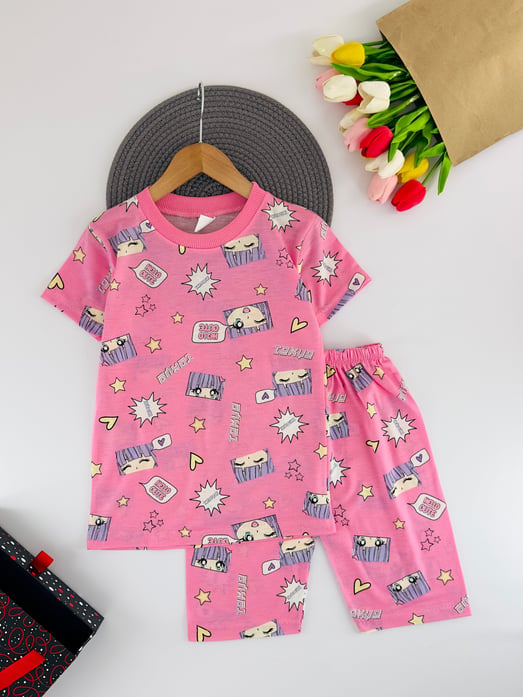 4020-26 Hello Cute Yazılı Kalp Baskılı Kız Çocuk Penye Şortlu Takım-PEMBE