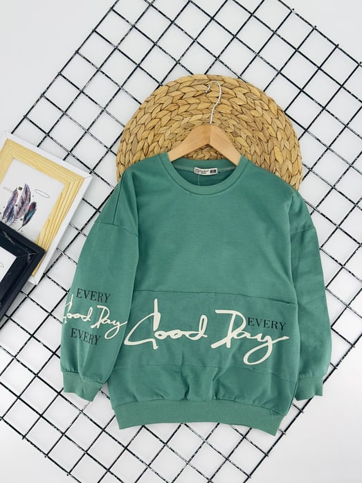 4055-1 Good Day Yazılı Kız Mevsimlik Sweat-YEŞİL