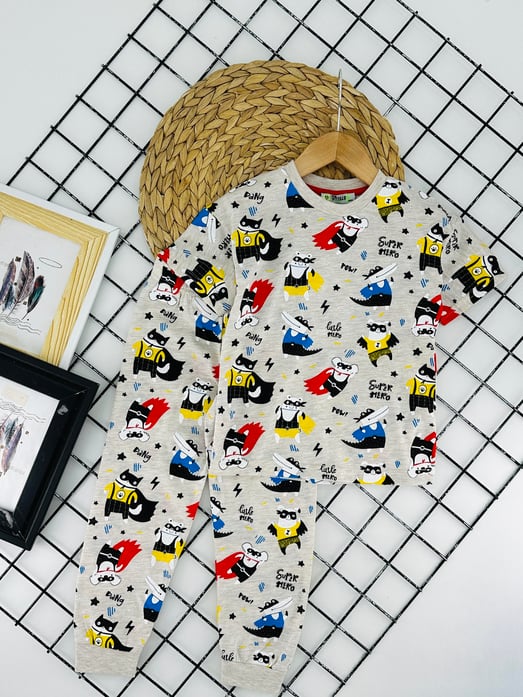 4066 Süper Hr Yazılı Baskılı Erkek Çocuk Pijama Takımı-KREM