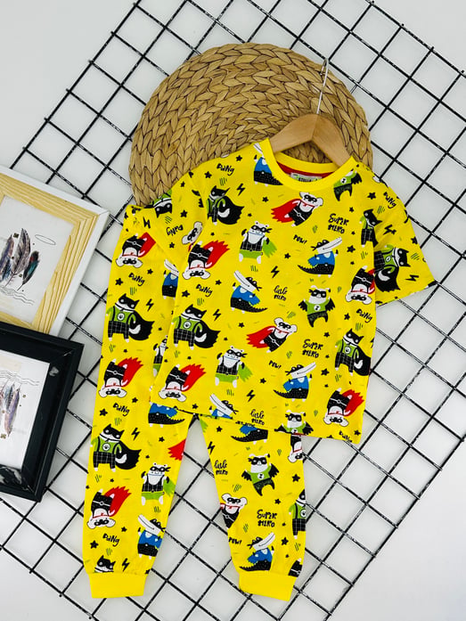 4066 Süper Hr Yazılı Baskılı Erkek Çocuk Pijama Takımı-SARI
