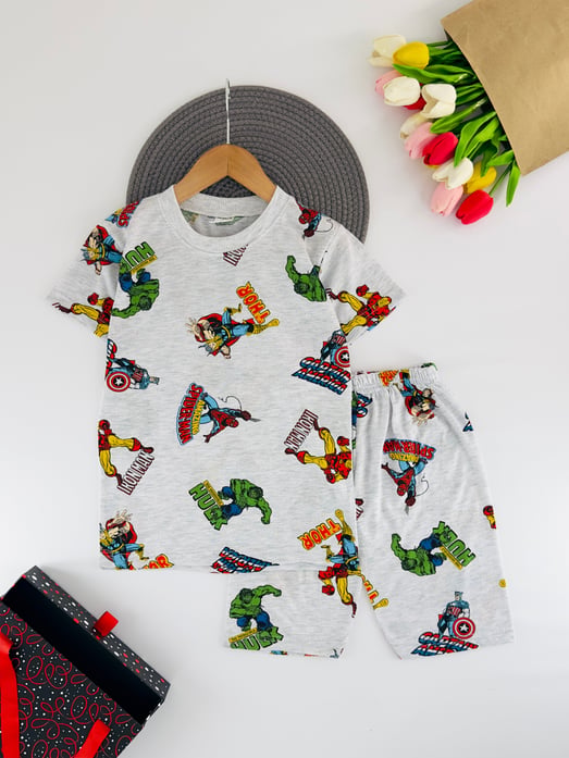 4090-34 Hulk Baskılı Erkek Çocuk Penye Şortlu Takım-GRİ