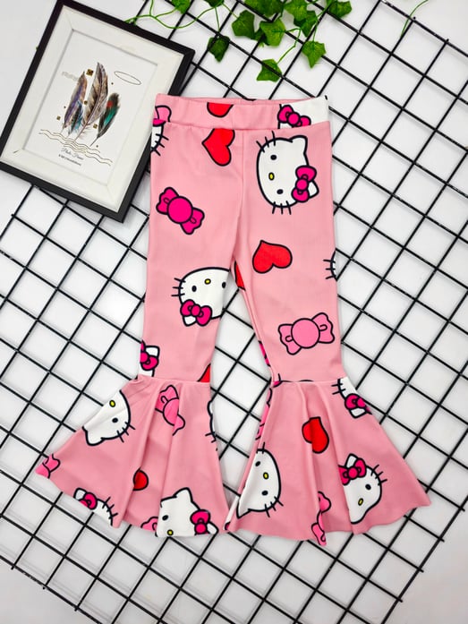 41147 Hello Kıtty Baskılı Fitilli Kumaş İspanyol Paça Mevsimlik Tayt (3-8 Yaş)-PEMBE