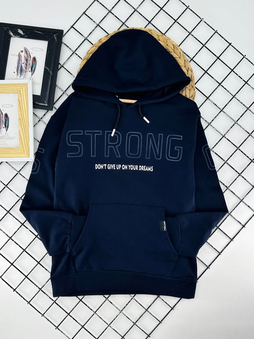 424511 Strong Yazılı Kanguru Cepli Erkek Çocuk İki İp Sweat-LACİVERT