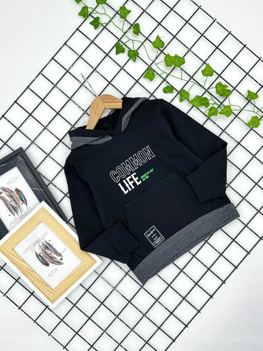 4284-1 Common Life Baskılı Kapşonlu  Erkek Çocuk Sweat-SİYAH