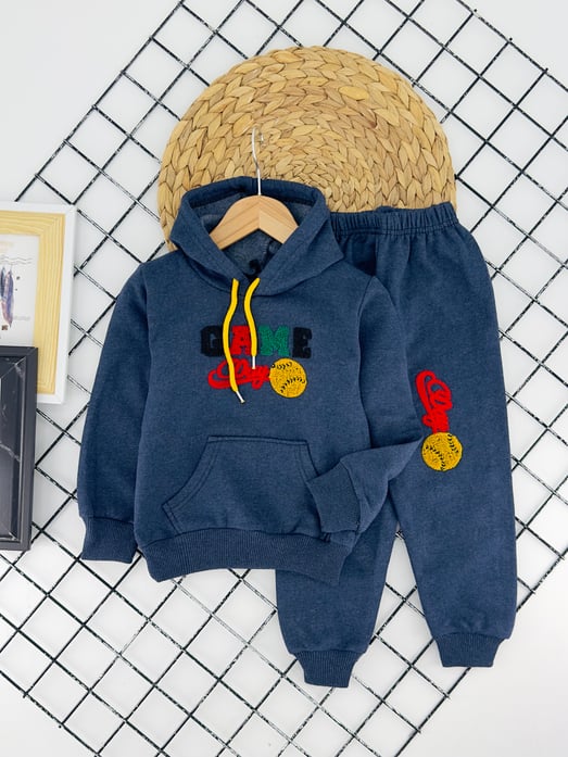 4600 Game Yazılı Top Baskılı Erkek Çocuk İki İplik Şardonlu Takım-İNDİGO MAVİ