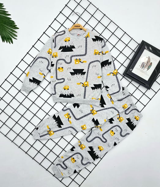 4713 Yol Desen Baskılı Ekek Pijama Takımı (8-12 Yaş)-GRİ