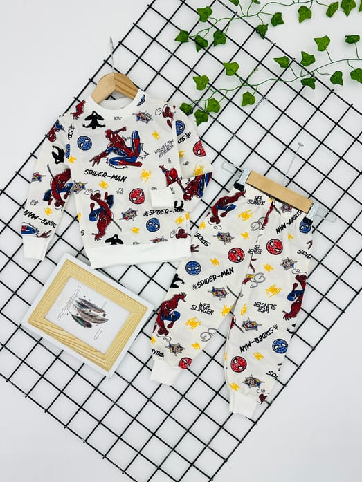 4721 Spıderman Yazılı Baskılı Erkek Çocuk Pijama İki İplik Takım (8/12 Yaş)-KREM