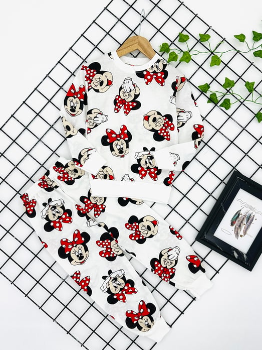 4734 Minnie Baskılı İki İplik Kız Çocuk Pijama takım (8/12 Yaş)-KREM