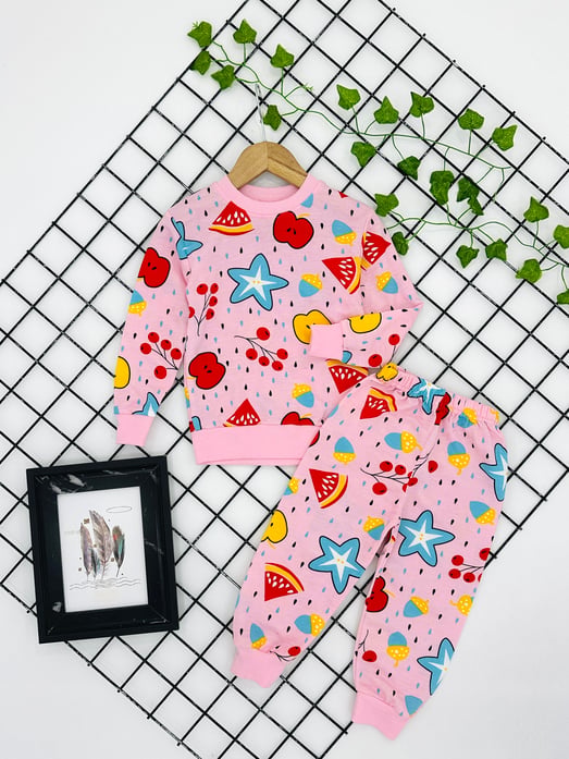 4735 Meyveli Damla Baskılı Kız Çocuk Penye Pijama Takım (8-12 Yaş)-PEMBE