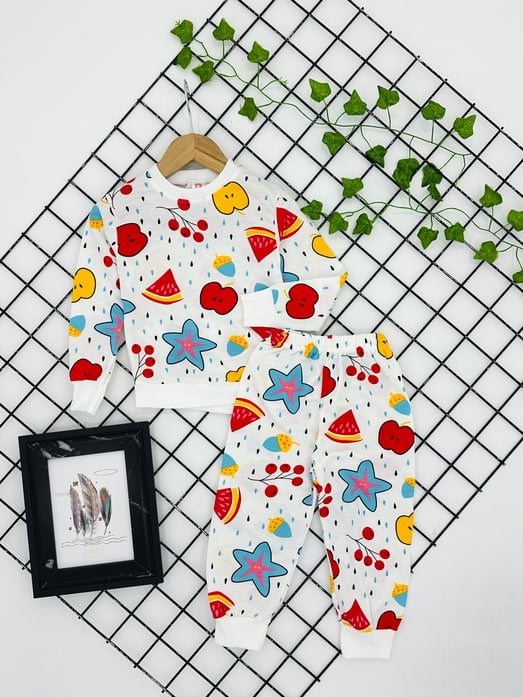4735 Meyveli Damla Baskılı Kız Çocuk Penye Pijama Takım (8-12 Yaş)-KREM
