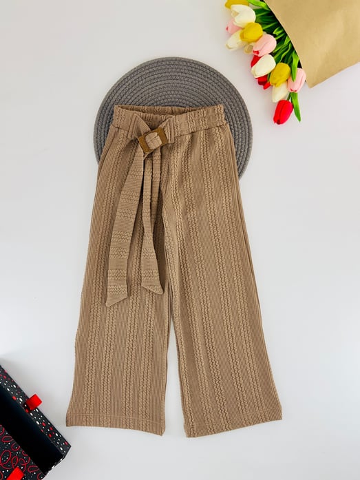 51526 Örme Desen Bel Kemerli Kız Çocuk Pantolon-KAHVE