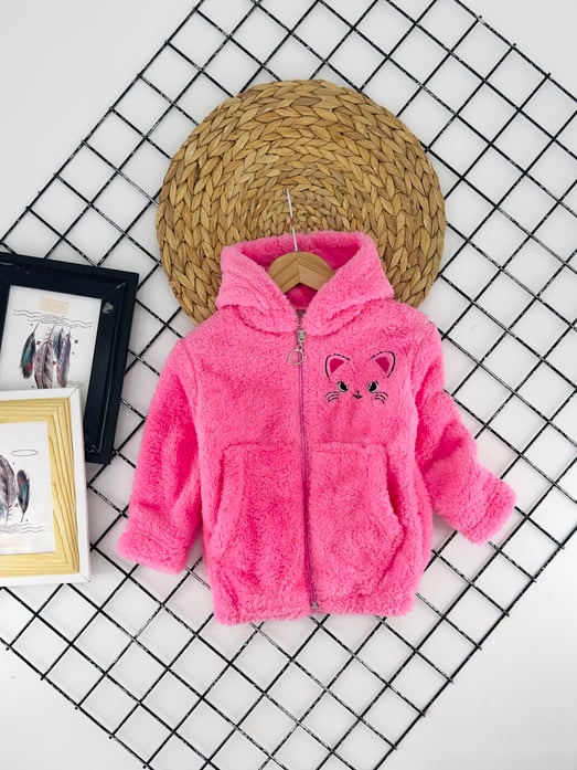 518 Kedi Nakışlı Kapşonlu Kız Çocuk Polar Hırka-PEMBE