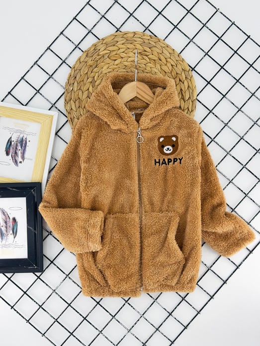 520-1 Happy Ayıcık Nakışlı Erkek Çocuk Polar Hırka-TABA