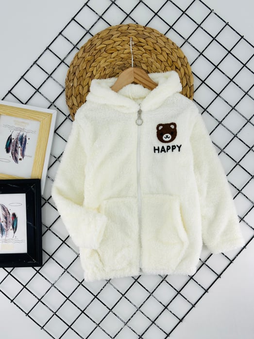 520-1 Happy Ayıcık Nakışlı Erkek Çocuk Polar Hırka-KREM