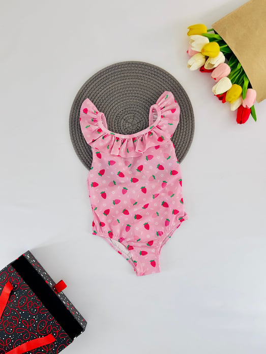 5555-1 Çilek Baskılı Fırfırlı Kız Çocuk Mayo-PEMBE