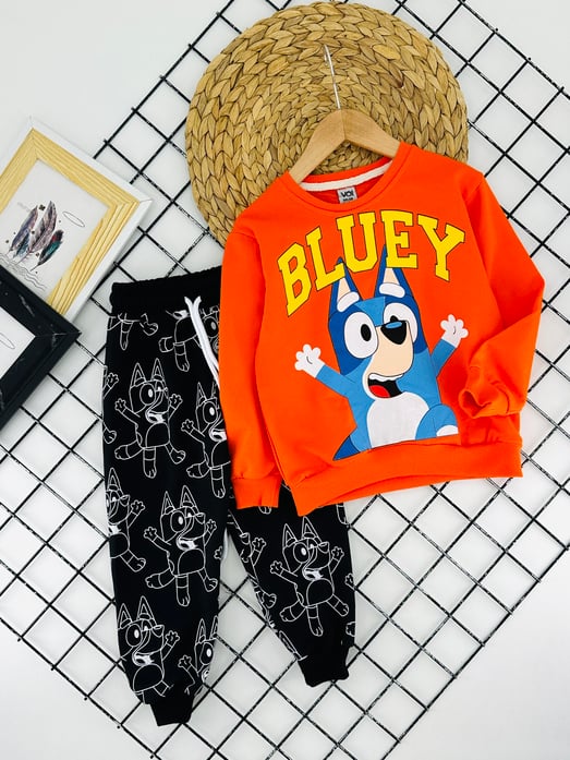57068 Bluey Yazılı Erkek Çocuk İki İplik Penye Takım-TURUNCU