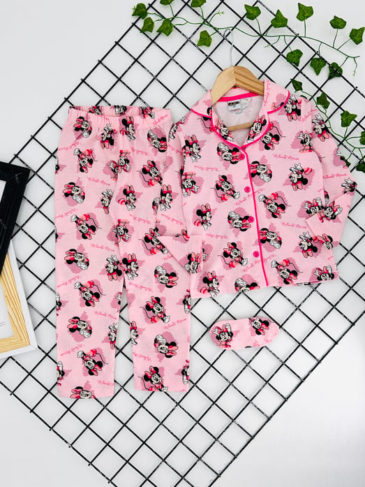581 Mk Baskılı Kız Çocuk Penye Pijama Takım-TOZ PEMBE