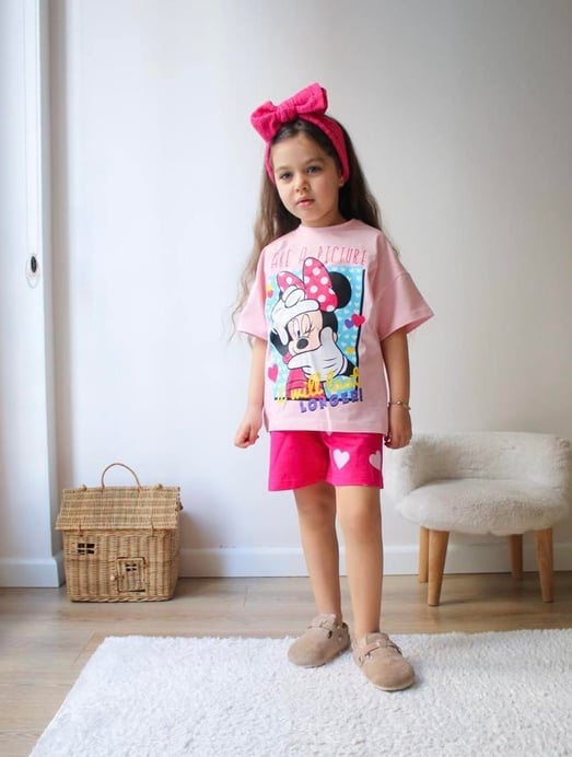 5918 Jake Mk Baskılı Kız Çocuk Penye Şortlu Takım-TOZ PEMBE