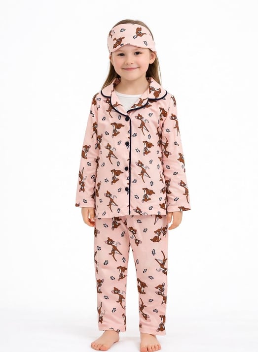 594 Bambi Geyik Baskılı Kız Çocuk Penye Bandanalı Pijama Takım-YAVRUAĞZI
