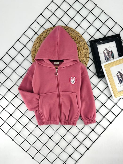 6130 Tavşan Nakışlı Kız Çocuk Polar Hırka-PEMBE