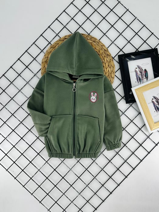 6130 Tavşan Nakışlı Kız Çocuk Polar Hırka-YEŞİL