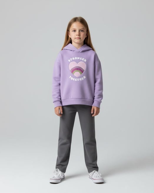 6264256 Stronger Yazılı Pul Kalp Nakışlı Kız Çocuk Üç İp Sweat-LİLA
