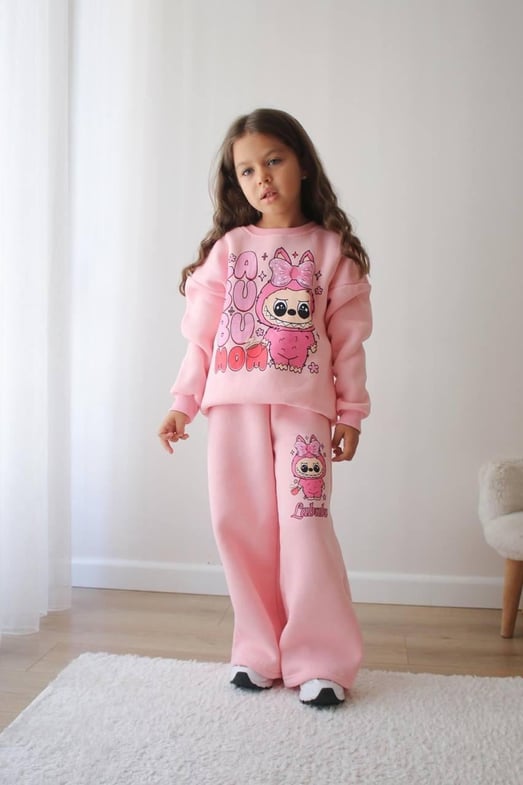 6341-1 Lbb Yazılı Baskılı Kız Çocuk Şardonlu Üç İplik Takım-PEMBE