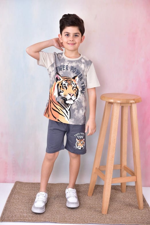 6341 Tiger Power Baskılı Erkek Çocuk Penye Şortlu Takım-FÜME