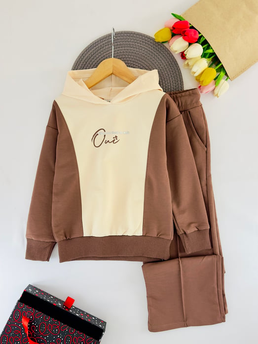 6497 Lıfe Is Too Baskılı Oversize Kız Çocuk Takım-BEJ