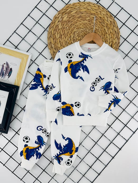 6500-5 Dino Top Baskılı Erkek Çocuk İki İplik Şardonlu Pijama Takım (3-7 Yaş)-SAKS MAVİ