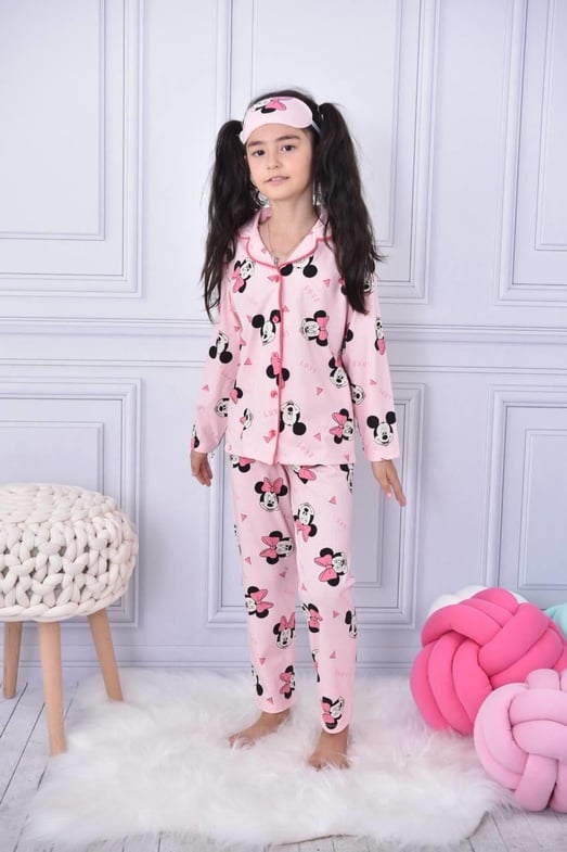 6666-10 Mn Ms Baskılı Bandanalı Kız Çocuk Yakalı Pijama Takım-SOMON