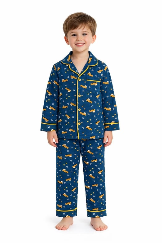 6666-13 Kamyon Baskılı Erkek Çocuk Yakalı Pijama Takım-İNDİGO MAVİ