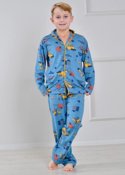 6666-14 İş Makınası Kürek Baskılı Erkek Çocuk Yakalı Pijama Takım-PETROL MAVİ